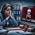 Das Bild zeigt eine Unternehmerin, die verzweifelt auf ihren Computer starrt, der von einer Ransomware gesperrt wurde.