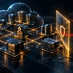 AWS-Pentest: Abstrakte Cloud-Infrastruktur mit Servern, IAM-Identität, Datenbank und Schutzbarriere gegen unerlaubte Zugriffe.