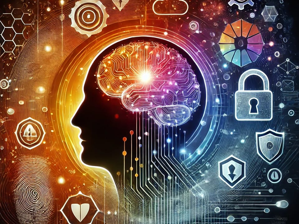 Artistic illustration of security awareness featuring a human silhouette with a glowing brain, symbolizing knowledge. Surrounding the silhouette are digital security icons such as locks, shields, and alert symbols, representing protection in the digital world. The image blends vibrant colors with a futuristic and minimalist design, highlighting the importance of staying informed and secure in the realm of cybersecurity.