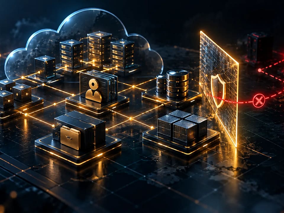 AWS-Pentest: Abstrakte Cloud-Infrastruktur mit Servern, IAM-Identität, Datenbank und Schutzbarriere gegen unerlaubte Zugriffe.